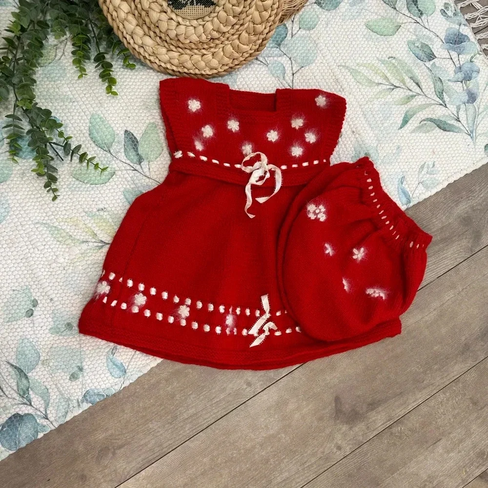 Red Knitted Baby Dress with White Accents